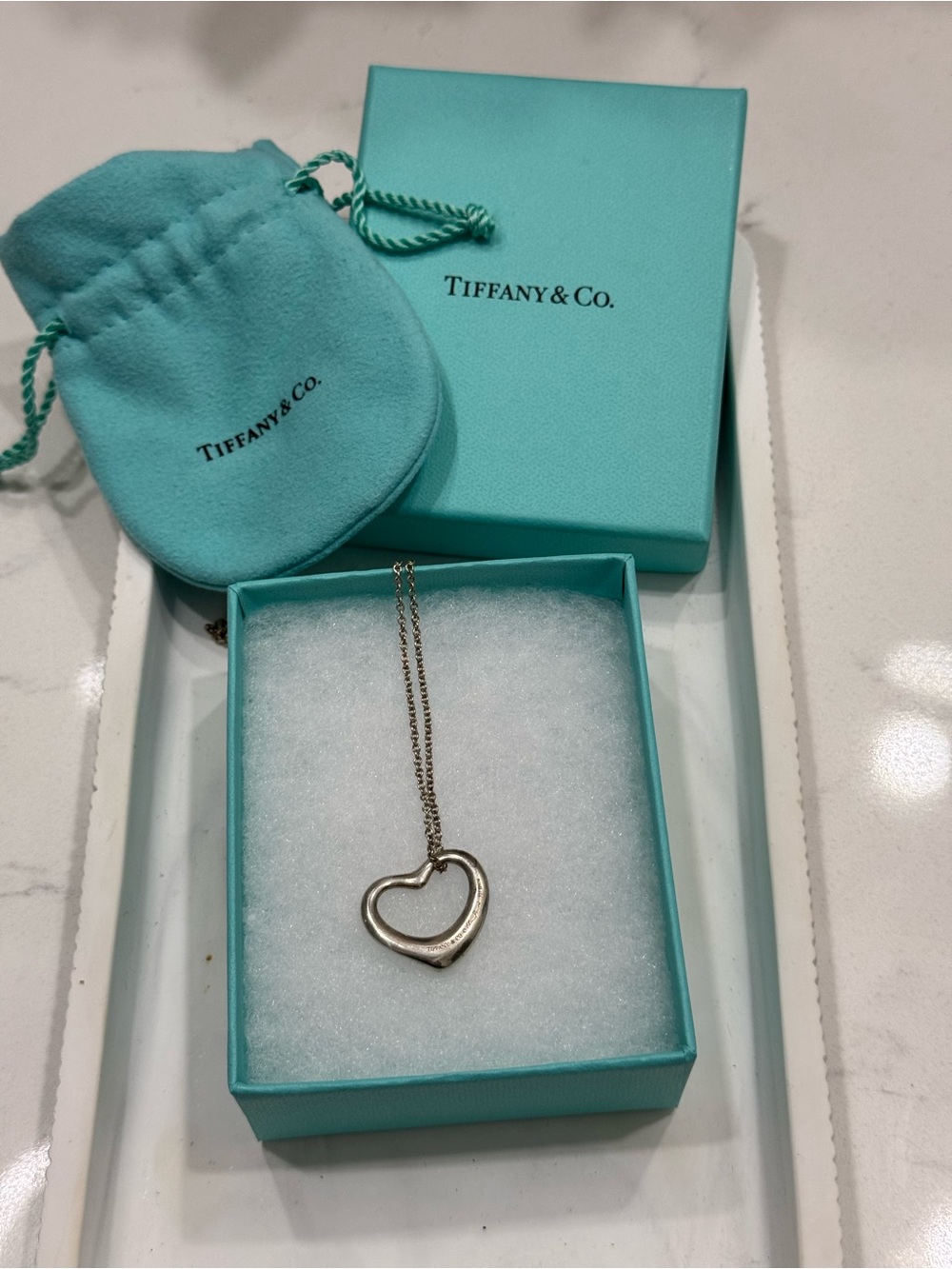 Tiffany & Co. Silver Open Heart Pendant Necklace with Tiffany Blue Pouch
